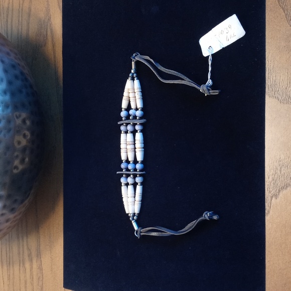 Vintage Gorgeous Leather Turquoise & Bone Styled Beaded Bracelet /Choker (India)